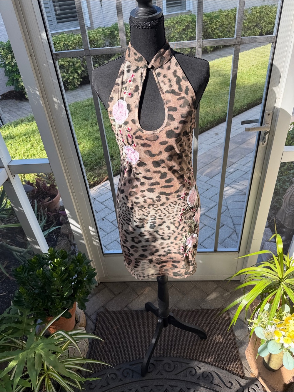 Leopard Print Halter  Body Con Dress with Pink Floral Embroidery